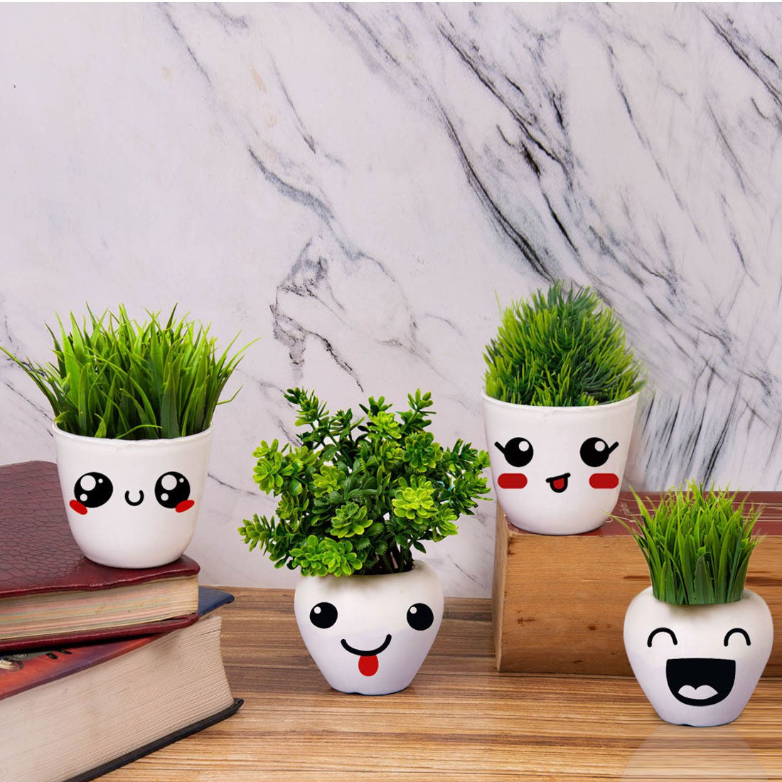 Rakakart- Artificial Plants with Cute Face,set of 4 emoji pots.