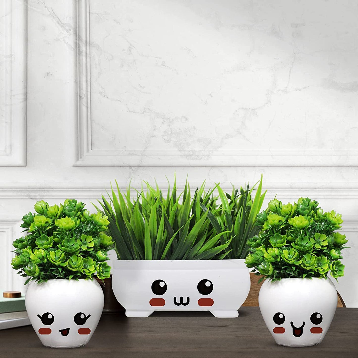 Rakakart- Artificial Plants with Cute Face,set of 3 emoji pots
