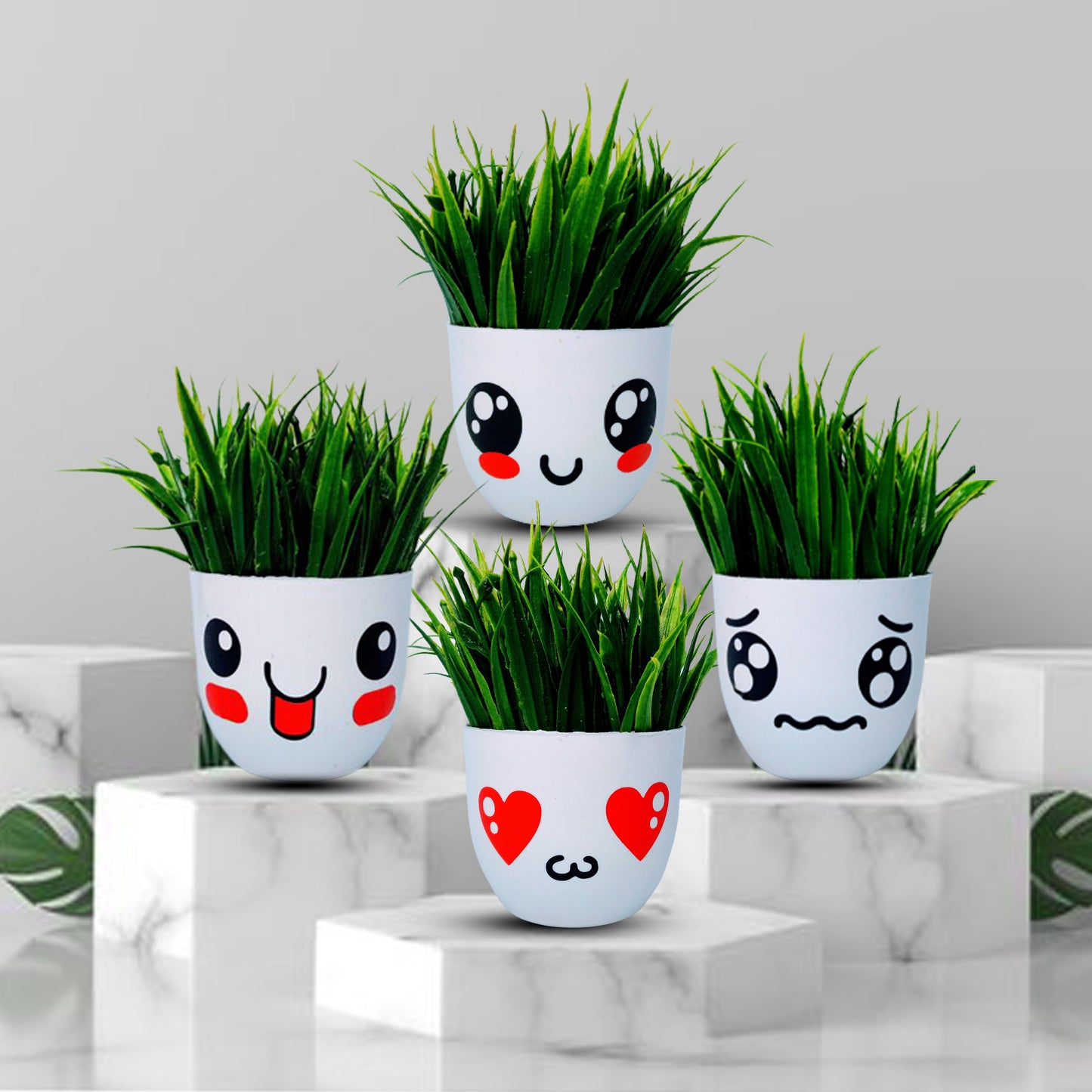 Rakakart- Artificial Plants with Cute Face,set of 4 emoji pots